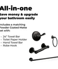 4 Piece Bathroom Hardware Set With 24 Inch Towel Bar Sleek Matte Black Finish Modern Round Design Wall Mount Kit With Towel Ring Toilet Paper Holder And Robe Hook.