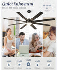 65 Inch Black Indoor Outdoor Ceiling Fan With Lights And Remote, showing quiet operation comparisons and timer settings.
