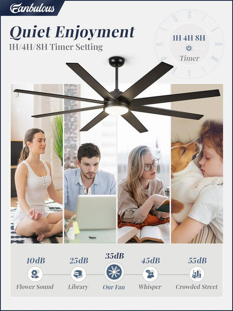 65 Inch Black Indoor Outdoor Ceiling Fan With Lights And Remote, showing quiet operation comparisons and timer settings.