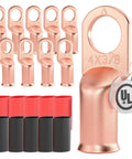 4 Gauge Battery Cable Lug Copper Ring Terminal Set With Three Eighths Inch Stud Marine Grade Dual Wall Heat Shrink Tubes 10 Pack showing copper lugs and heat shrink