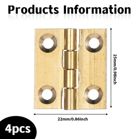 Legit Smooth Swing Brass Mini Hinges For Jewelry Boxes And Craft Projects, 4 Pack gold 22x25mm hinges displayed with dimensions.