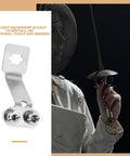 Replacement Epee Socket For Fencing Training Gear stable metal socket shown with fencer in mask and holding sword.