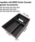 BMW X5 G05 X6 G06 X7 G07 Center Console Organizer Tray Storage For 2019 To 2026 Models with dimensions and compartments displayed.