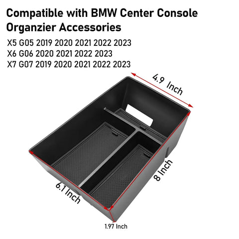 BMW X5 G05 X6 G06 X7 G07 Center Console Organizer Tray Storage For 2019 To 2026 Models with dimensions and compartments displayed.