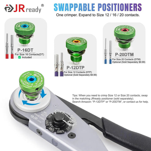 Swappable positioners for crimper, P-16DT and P-12DTP, part of the DT Deutsch Connector Kit 2 3 4 6 Pin With 16 Gauge Solid Contacts