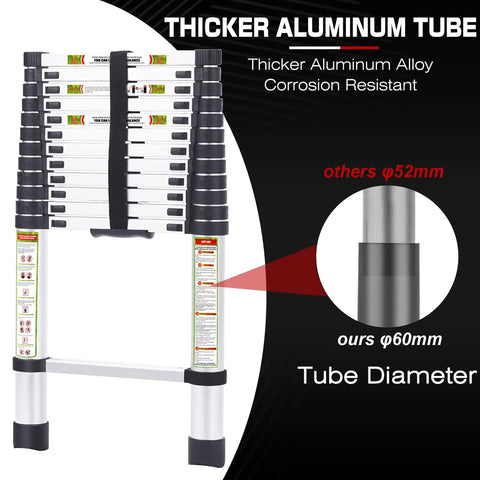 12.5 Foot Telescoping Aluminum Ladder With Non Slip Feet For Home And Outdoor DIY Use, showing thickness comparison diagram
