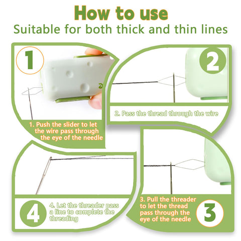 Instructions for Multifunctional Needle Threader Kit For Hand And Machine Sewing With 2 In 1 Automatic Threaders And 3 In 1 Threader With Storage Box Colayerist 3 Piece Sewing Supplies Set For Easy Threading Stitch Removal And Needle Storage Must Have shown in step-by-step diagram