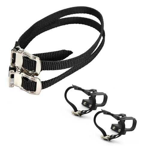 Toe Clip Straps For Bike Pedals, Universal Fit Cycling Toe Cages For MTB And Road Bikes showing adjustable black nylon straps and clips