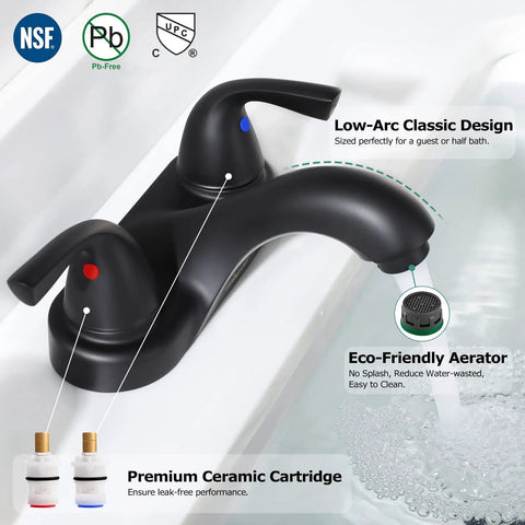 Two Handle Matte Black Bathroom Sink Faucet With Metal Drain Assembly And Supply Hose Lead Free cUPC NSF 61 Certified 4 Inch Centerset