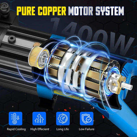 Close-up of Pure Copper Motor System in Heavy Duty 110V Hydraulic Rebar Bender 1400W portable handheld steel rod bending machine.
