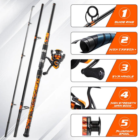 3 Piece Surf Fishing Rod And Reel Combo With Medium Heavy Travel Spinning Rod 5000 Size Reel Baitfeeder 9 Foot Orange Catapult