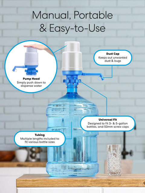 Universal Manual Drinking Water Pump For 3 To 5 Gallon Bottles with adjustable tubing on a kitchen counter.