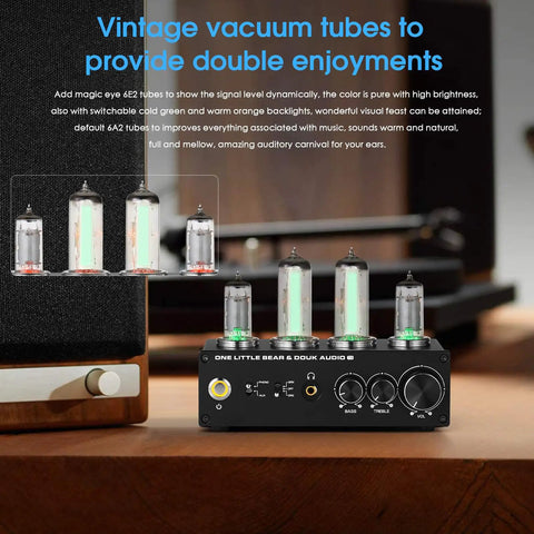 Old School Vacuum Tube Phono Preamplifier For MM And MC Turntable With Headphone Output Warm Rich Tone Magic Eye Meter Dual 6E2 And 6A2 Tubes Treble Bass Controls Home HiFi Audio Amplifier black metal front view on wooden shelf