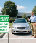 12 By 18 Inches Employee Of The Month Parking Signs 2 Pack Reflective Aluminum Waterproof Fade Resistant Heavy Duty Outdoor Reserved Parking Signage With UV Protected Finish reserved parking sign by silver car