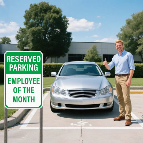 12 By 18 Inches Employee Of The Month Parking Signs 2 Pack Reflective Aluminum Waterproof Fade Resistant Heavy Duty Outdoor Reserved Parking Signage With UV Protected Finish reserved parking sign by silver car