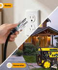 Heavy Duty Outdoor Tri Tap Extension Cord 1.5 Foot 12 Gauge shown with home outlet and generator setup