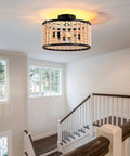 Boho Wood Beaded Chandelier With Three Lights In Black Semi Flush Mount Ceiling Light For Dining Room Kitchen Hallway Bedroom And Living Room Adds Warm Ambience And Rustic Charm For A Cozy Boho Vibe