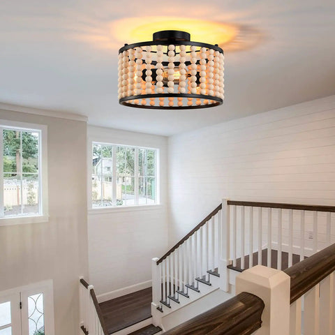 Boho Wood Beaded Chandelier With Three Lights In Black Semi Flush Mount Ceiling Light For Dining Room Kitchen Hallway Bedroom And Living Room Adds Warm Ambience And Rustic Charm For A Cozy Boho Vibe