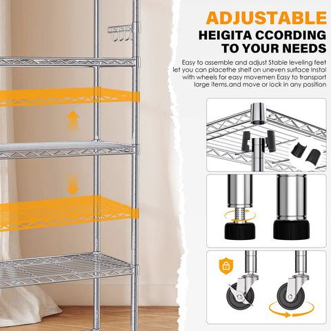 Beefy Heavy Duty Metal Rolling Shelving Unit With Wheels And 8 Hooks, 6000 Lbs Total Capacity, 6-Tier Adjustable Wire Rack For Garage, Kitchen, Pantry, Industrial, Workshop, Bathroom, Chrome 36W X 14D X 72H with adjustable shelves and locking wheels