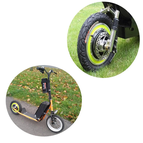 12 Inch Electric Scooter Hub Motor Wheel Running On 48V 500W Brushless Gearless Power with durable air filled tire on scooter.
