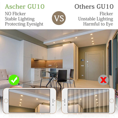 Comparison of GU10 LED Bulbs 4W Non Dimmable 400 Lumens 2700K Warm White 120V with and without flicker effect in kitchen lighting