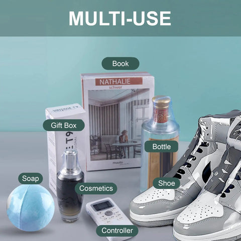 Clear PVC Shrink Wrap Bags 4x6 Inches With Heat Seal 400 Pcs Pack is displayed with various items such as shoes, soap, and cosmetics.
