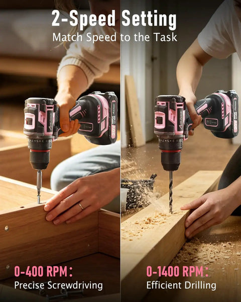 Brushless 20V Cordless Drill Driver Kit with 2.0Ah Battery and Charger in pink, drilling wood with 3/8-Inch metal chuck