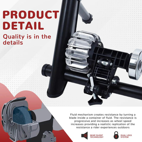 Steel Bicycle Trainer Stand With Fluid Magnetic Resistance For Indoor Cycling, detailed close-up of fluid mechanism in black