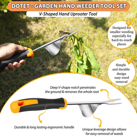 Three Piece Garden Weeder Set With Rubber Handles Hand Held Uprooting Tools V Shape Weeder shown in hand on plant