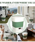 Slick Heavy Duty Portable Washing Machine With Fast Spin Basket, 1.8 Cu Ft Foldable Compact Washer in various settings.