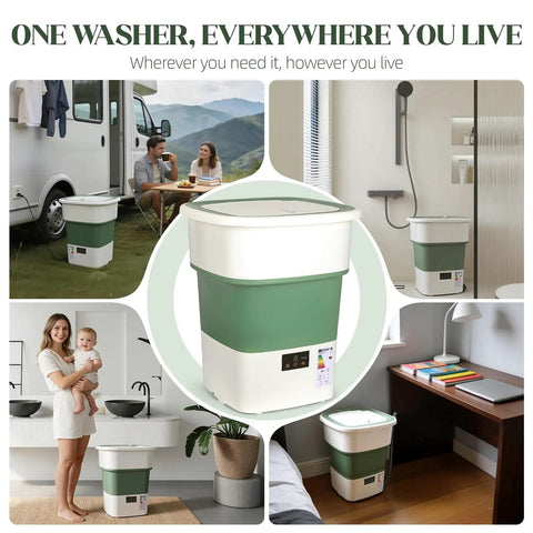 Slick Heavy Duty Portable Washing Machine With Fast Spin Basket, 1.8 Cu Ft Foldable Compact Washer in various settings.