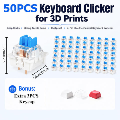 50 Blue Mechanical Keyboard Switches Kit For 3D Printer Projects With 3 Keycaps, Clicky, smooth actuation