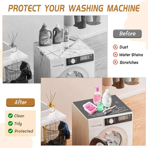 Before and after using Heavy Duty Washer And Dryer Top Covers Non Slip Protector Mats For Laundry Room Thickened Dust Proof And Quick Dry 26.8 By 26.8 Inch; product shown on washing machine with cleaning supplies.