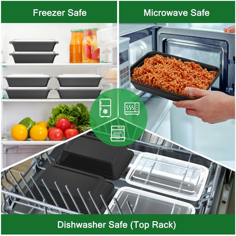 32 Oz Meal Prep Containers Set, 50 Pack Reusable Food Storage Pans in freezer, microwave, and dishwasher shown in use