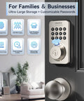 WiFi Smart Door Lock With Fingerprint And Passcode Knobs In Satin Nickel showing keypad and features in stylish home setting.