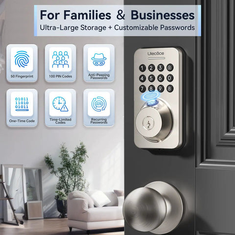 WiFi Smart Door Lock With Fingerprint And Passcode Knobs In Satin Nickel showing keypad and features in stylish home setting.