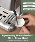Close-up of EzBru 1000 58mm Commercial Espresso Machine With Dual PID And NTC Temperature Control steam wand frothing milk.