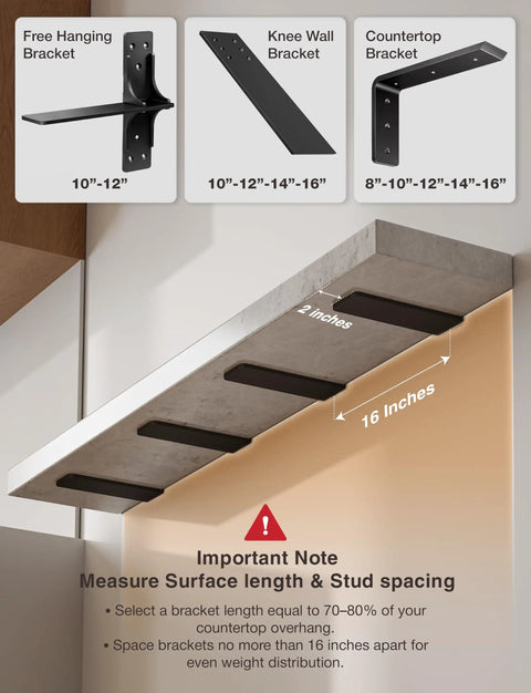 Rock Solid 16 Inch Countertop Support Brackets 4 Pack Tough As Nails Steel Knee Wall Braces with free hanging and knee wall bracket details.