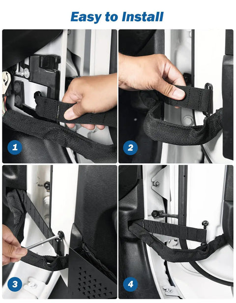 Step-by-step installation of Heavy Duty Adjustable Door Limiting Straps For Wrangler 1996 2026 showing secure fit and reinforcement.