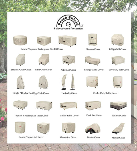 Image showing Porch Shield protective covers for outdoor furniture including table, chair, grill, generator, and more.