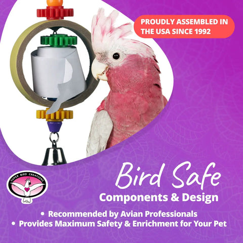 Tape Dispenser Bird Toy With Cardboard Bagel And Machine Paper, Chewable Shredding Components, Sensory Bell, Perfect For African Grey Parrots And Cockatoos, Large Bird Size 14x5 Inches, High Energy Mental Stimulation And Fun.