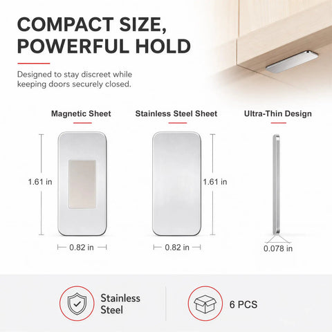Ultra Thin Magnetic Cabinet Catches With Strong Adhesive No Drill Door Latches dimensions and stainless steel material