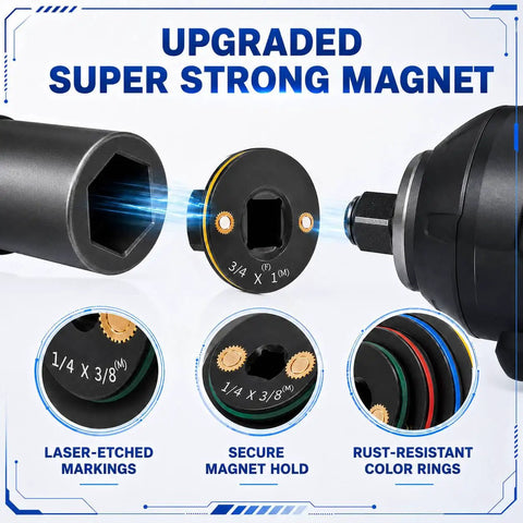 Upgrade Your Garage With This Slick Low Profile Impact Socket Adapter Set, Including 4 Essential Pieces for Fast Drive Size Swaps from Quarter Inch To Full Inch For Serious DIY And Pro Mechanic Jobs. black magnetic socket adapter with laser etched markings and color rings