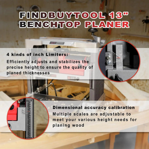 Heavy Duty 13 Inch Benchtop Wood Thickness Planer With Slick Helical Spiral Cutterhead And 120V 15Amp Motor for height adjustment features and calibration.
