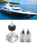 Heavy Duty 316 Stainless Steel Marine Door Stopper With Spring Roller Latch For Boat Yacht RV And Motorhome Keeps Doors Open Securely In Harsh Saltwater Environments, shown with yacht in background.