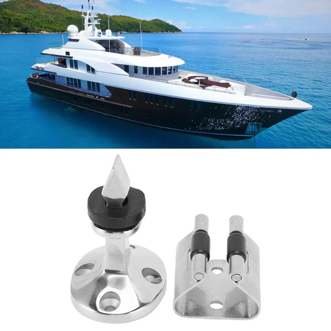 Heavy Duty 316 Stainless Steel Marine Door Stopper With Spring Roller Latch For Boat Yacht RV And Motorhome Keeps Doors Open Securely In Harsh Saltwater Environments, shown with yacht in background.