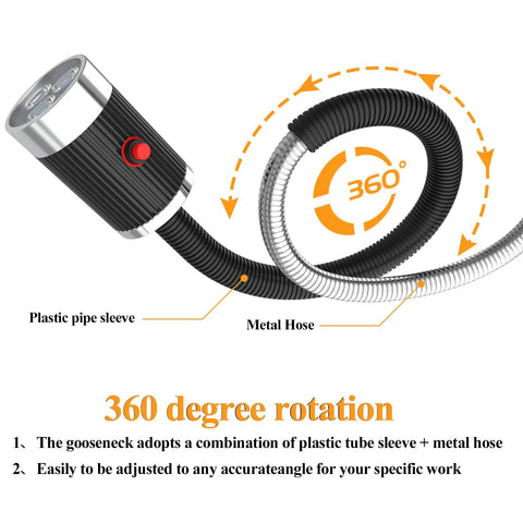 360-degree rotating flexible gooseneck metal and plastic sleeve of Heavy Duty Magnetic Work Light With 23 Inch Flexible Gooseneck Ultra Strong 12T Magnet Base LED Machine Lamp For Lathe Milling Drill Press Pro Grade Shop Ready 120V Lighting Hands Free.