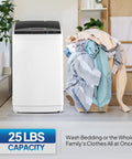 Portable Washing Machine 25LB Fully Automatic Washer Spin Dryer Combo With Stainless Steel Drum and Efficient Drain Pump next to a laundry basket.