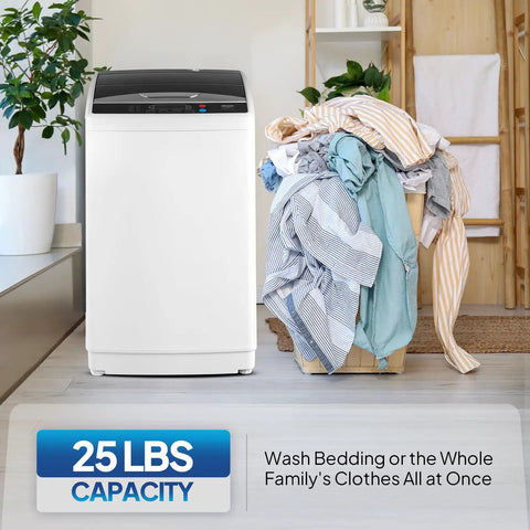 Portable Washing Machine 25LB Fully Automatic Washer Spin Dryer Combo With Stainless Steel Drum and Efficient Drain Pump next to a laundry basket.