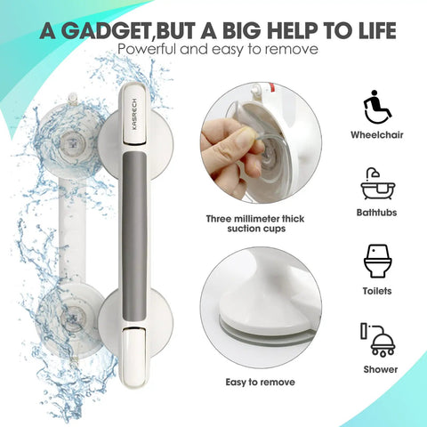 12 Inch No Drill Shower Grab Bar With Strong Suction Cup Safety Hand Rail with installation details and features